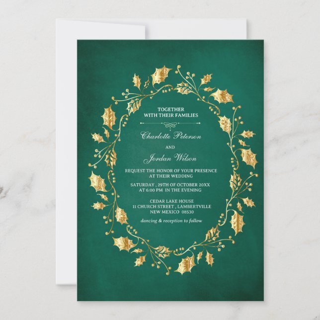 Invitation Mariage royal de conte de fée Émeraude verte et Or (Devant)