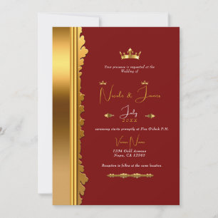 Invitation Mariage Royal Élégant et Glamour Rouge Foncé et Or