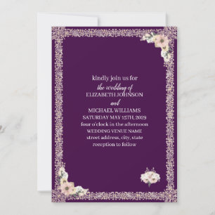 Invitation Mariage Royal Foncé Violet Broderie Florale Or