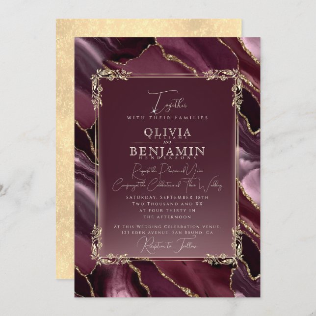 Invitation Mariage Royal Gold Frame florales & Agate Marble (Devant / Derrière)