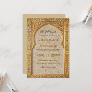 Invitation Mariage Royal Islamique Arche Crème Or floral lace