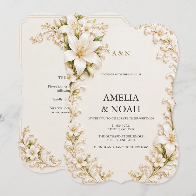Invitation Mariage Royal Ivory Lily (Devant / Derrière)