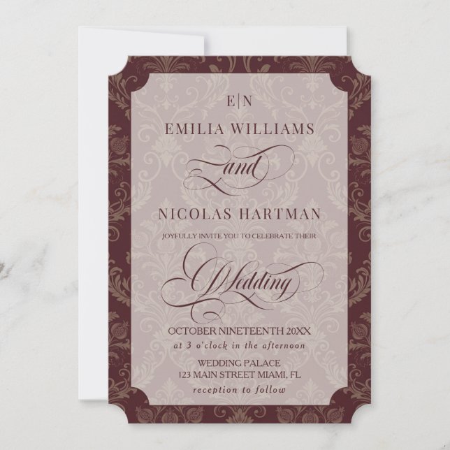 Invitation Mariage Royal Luxe Bourgogne (Devant)