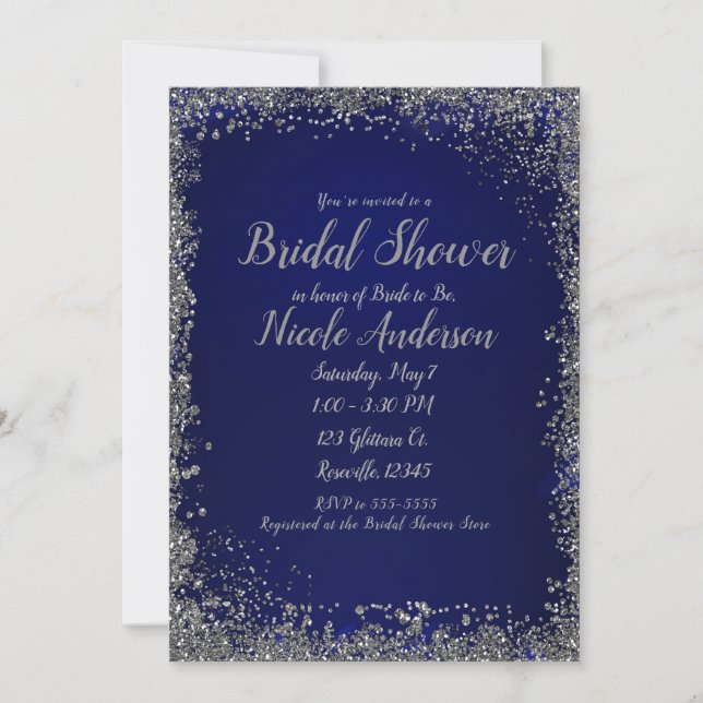 Invitation Mariage royal moderne bleu et paillettes d'argent (Devant)
