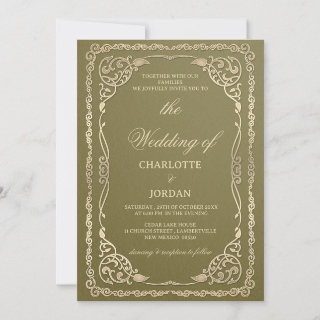 Invitation Mariage Royal Vert Olive et Or  (Devant)