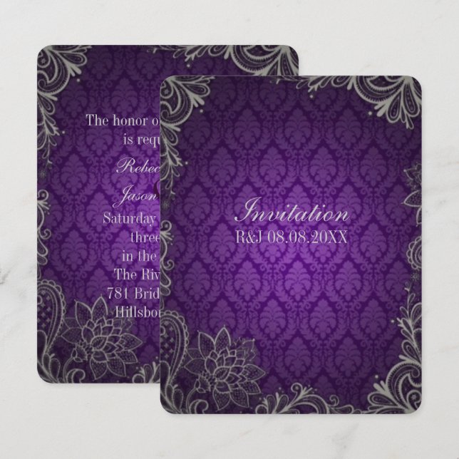 Invitation mariage royal violet dentelle damassée gothique (Devant / Derrière)