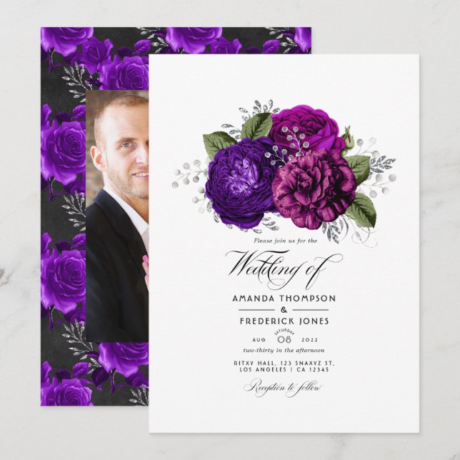 Invitation Mariage Royal Violet et Fleurs Argentées Photo (Devant / Derrière)