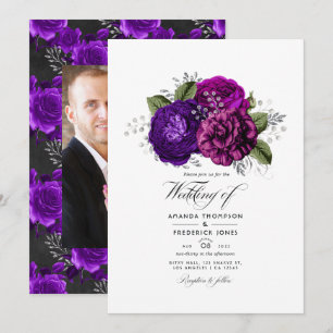 Invitation Mariage Royal Violet et Fleurs Argentées Photo