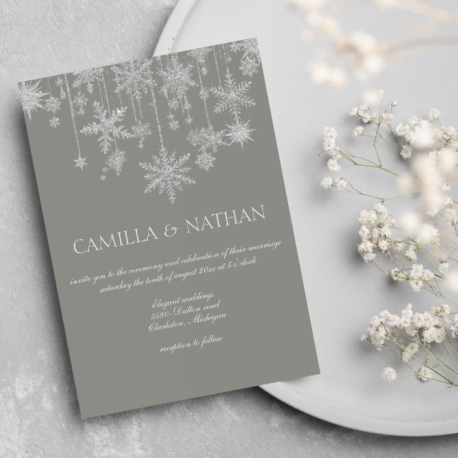 Invitation Mariage royaume enchanté flocon de neige gris rose (Blush gray silver snowflake wonderland Wedding)