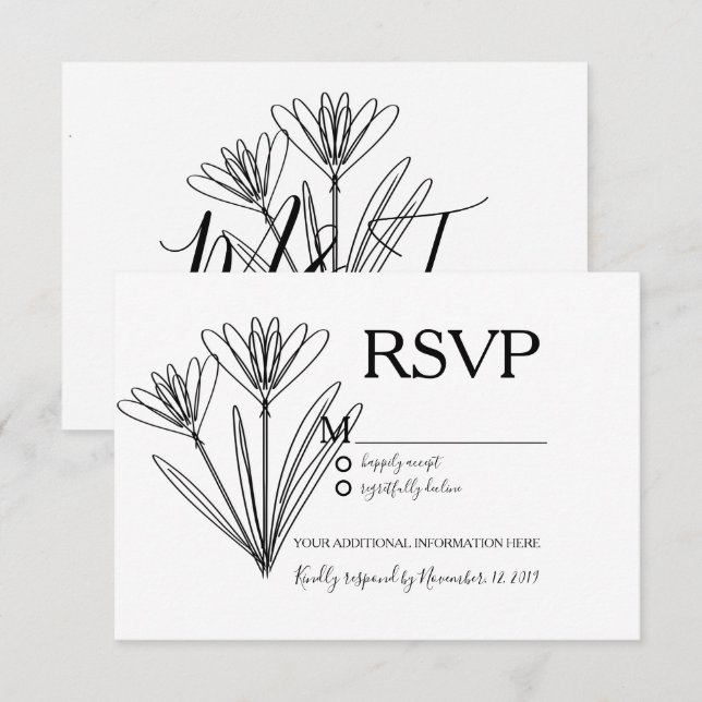 Invitation Mariage RSVP Art Linéaire Fleur de Botanique Minim (Devant / Derrière)