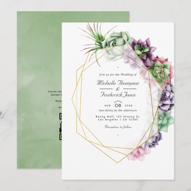 Invitation Mariage RSVP Code QR de Succulents Géométriques (Devant / Derrière)