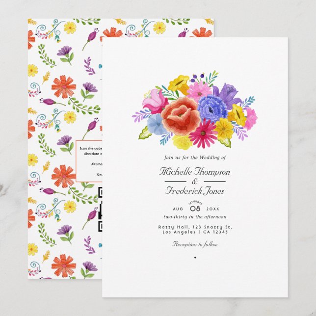 Invitation Mariage RSVP Code QR Fête Florale Aquarelle (Devant / Derrière)