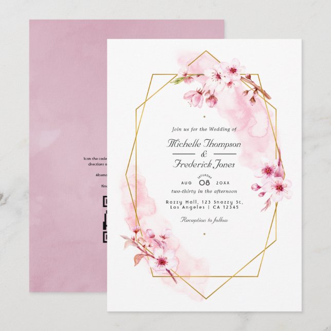 Invitation Mariage RSVP Code QR Fleur de Cerisier Rose Géomét (Devant / Derrière)