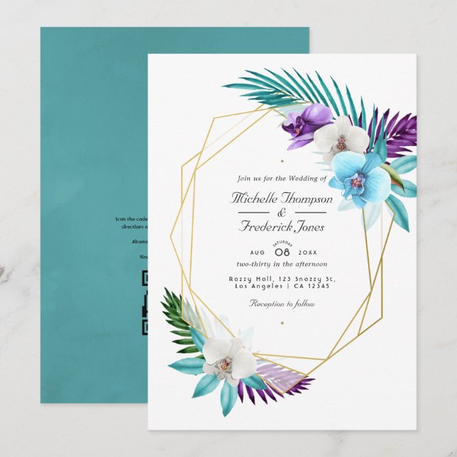Invitation Mariage RSVP Code QR Géométrique Orchidées Tropica (Devant / Derrière)