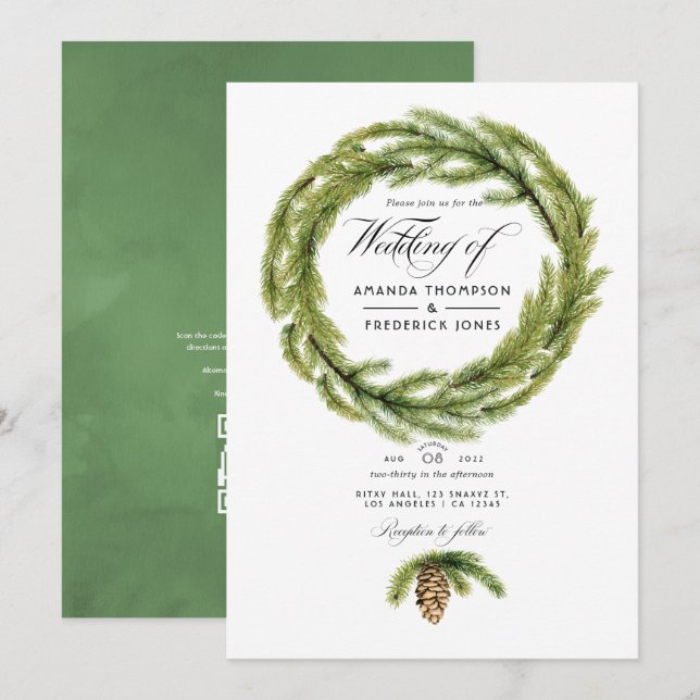Invitation Mariage RSVP Code QR Pinède Aquarelle Hivernale (Devant / Derrière)