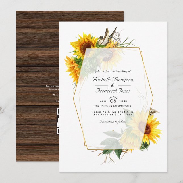Invitation Mariage RSVP Code QR Rustique Tournesol Géométriqu (Devant / Derrière)