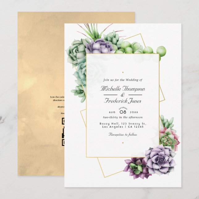 Invitation Mariage RSVP Code QR Succulents Géométriques (Devant / Derrière)