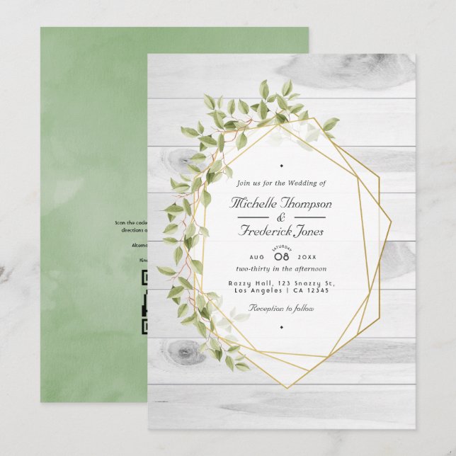 Invitation Mariage RSVP de code QR géométrique vert rustique (Devant / Derrière)