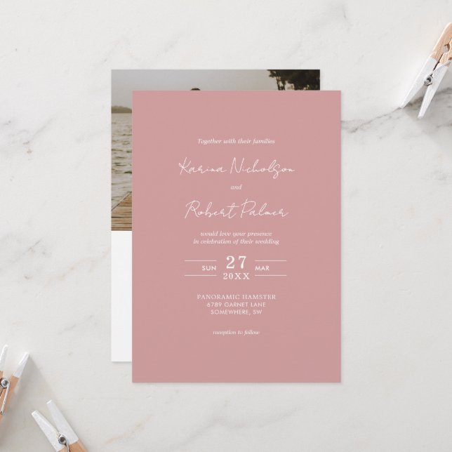 Invitation Mariage RSVP du code QR de la photo rose budget (Devant/Arrière en situation)