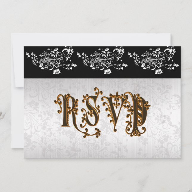 Invitation Mariage RSVP noir et blanc classique damask (Devant)