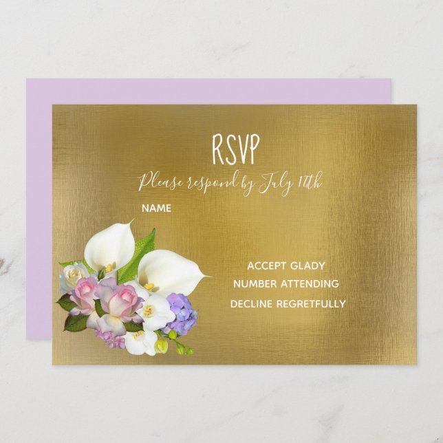 Invitation Mariage RSVP pastel thème floral et or (Devant / Derrière)