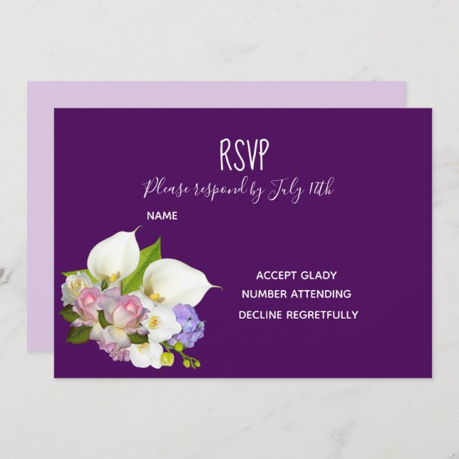 Invitation Mariage RSVP pastel thème floral et violet (Devant / Derrière)