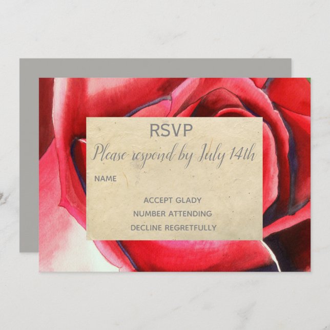 Invitation Mariage RSVP Rose rouge art de fleurs rustique (Devant / Derrière)