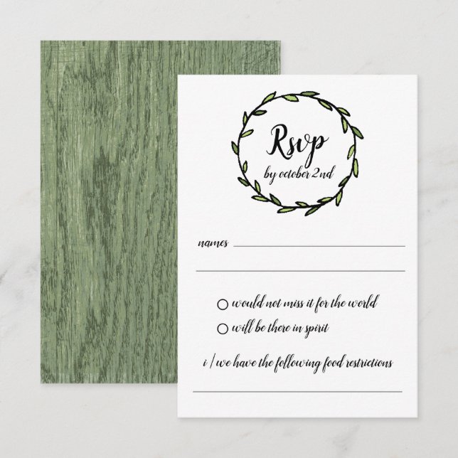 Invitation Mariage RSVP rustique vert feuille de couronne (Devant / Derrière)