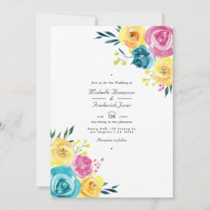 Invitation Mariage RSVP Turquoise et Jaune Floral QR Code