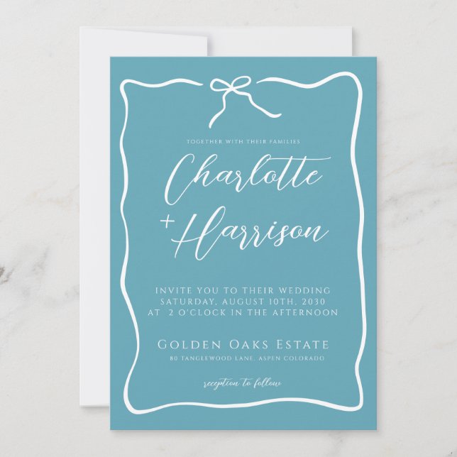Invitation Mariage Ruban Bleu Doodle Écriture Fantaisiste (Devant)