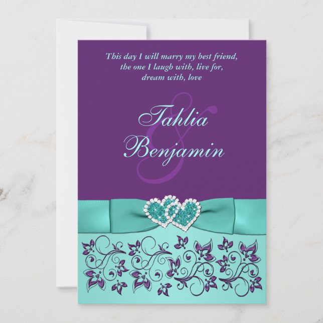 Invitation Mariage | RUBAN IMPRIMÉ Aqua, Violet | Floral (Devant)