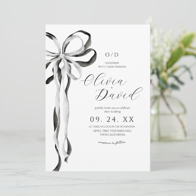Invitation Mariage Ruban Noir Minimaliste Moderne (Debout devant)
