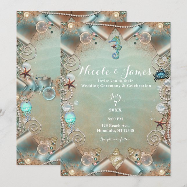 Invitation Mariage Ruban Perles Sous Teinte Turquoise Enchant (Devant / Derrière)