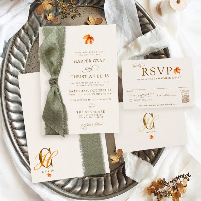 Invitation Mariage Ruban Rustique Automne Feuilles de Chute É (Elegant beige rust orange brown watercolor fall maple leaf simple modern Autumn wedding invitation)