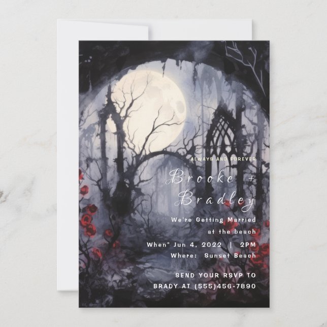 Invitation Mariage Ruines de Cathédrale Gothique & Roses Roug (Devant)