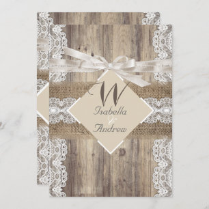 Invitation Mariage Russe Beige Blanc dentelle Bois Burlap 2a