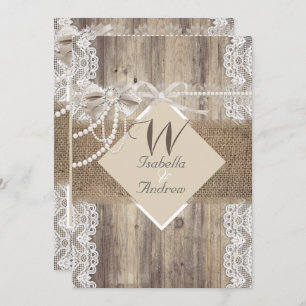 Invitation Mariage Russe Beige Pearle Lace Bois Burlap
