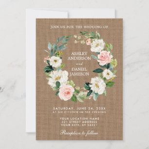 Invitation Mariage Russe Burlap Rose Blanc Floral Wreath