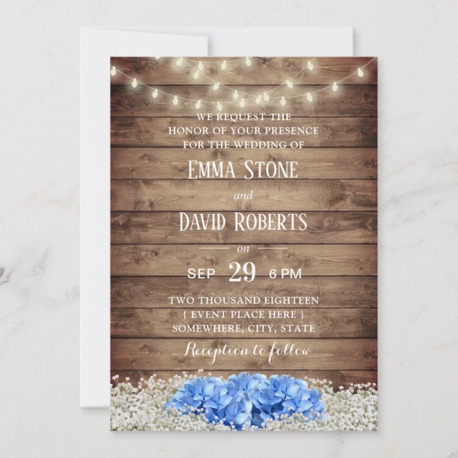 Invitation Mariage Rustic Blue Hydrangea & String Lights (Devant)