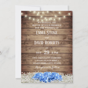 Invitation Mariage Rustic Blue Hydrangea & String Lights