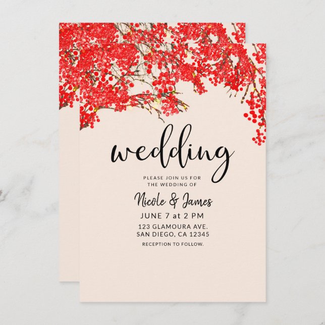 Invitation Mariage Rustic Red Berries Berry Tree Branches (Devant / Derrière)