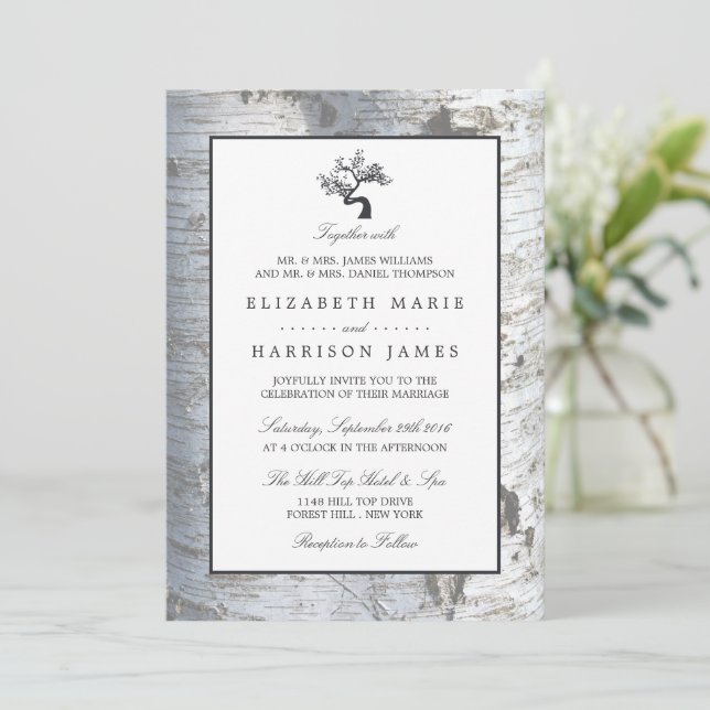 Invitation Mariage Rustic Silver Birch Tree (Debout devant)