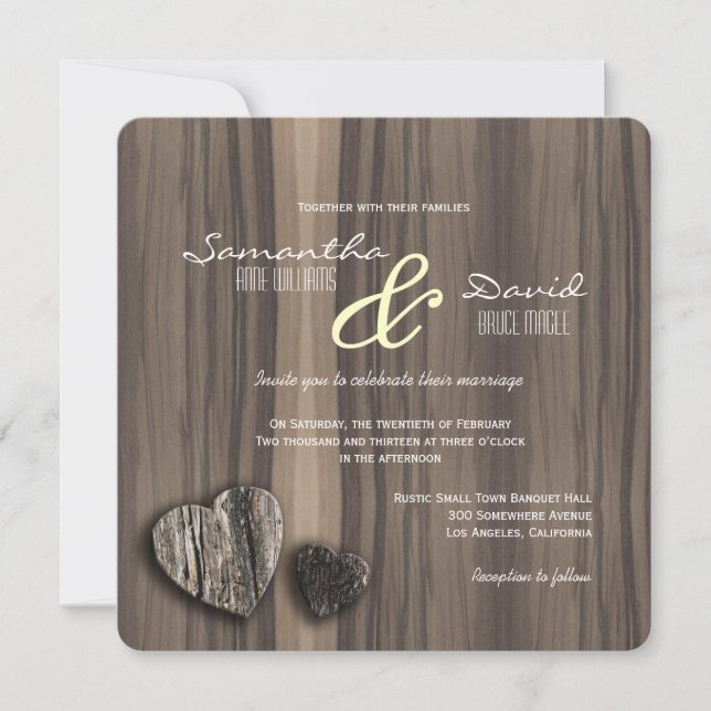 Invitation Mariage Rustic Wood Two Hearts (Devant)