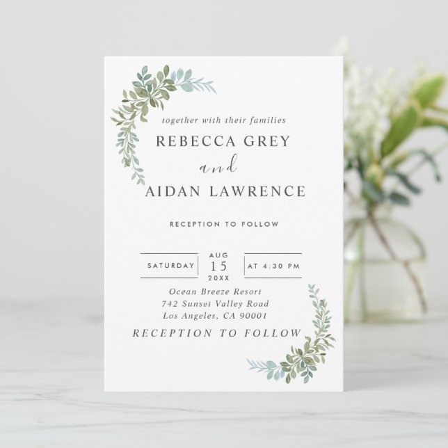 Invitation Mariage rustique à l'aquarelle de eucalyptus vert  (Debout devant)