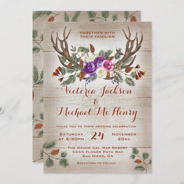 Invitation Mariage Rustique Antlers & Branches de pin (Devant / Derrière)