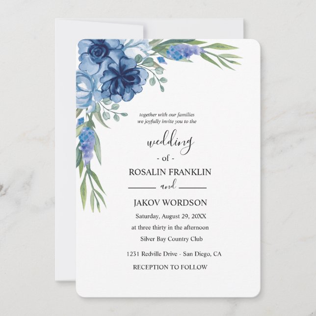 Invitation mariage rustique aquarelle bleue (Devant)