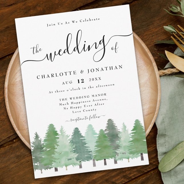 Invitation Mariage rustique aquarelle en forêt de bois (Modern watercolor woodland forest wedding invitation elegant script)