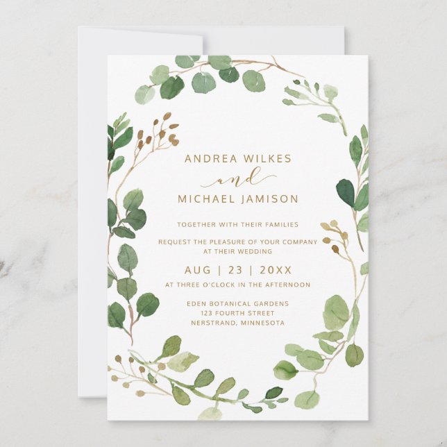 Invitation Mariage Rustique Aquarelle Eucalyptus Verdure Bois (Devant)