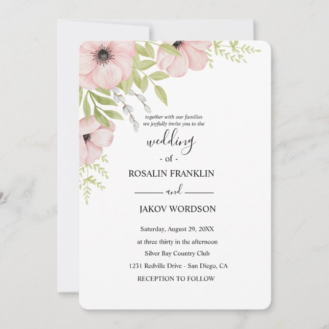 Invitation mariage rustique aquarelle florale  (Devant)