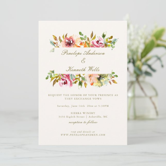 Invitation Mariage rustique aquarelle florale botanique d'aut (Debout devant)